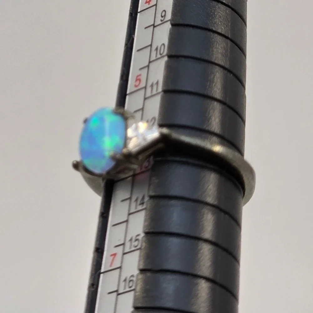 Sterling Silver‎ 925 Blue Opal Trillion CZ Three Stone Ring Size 6.25 Oxidized